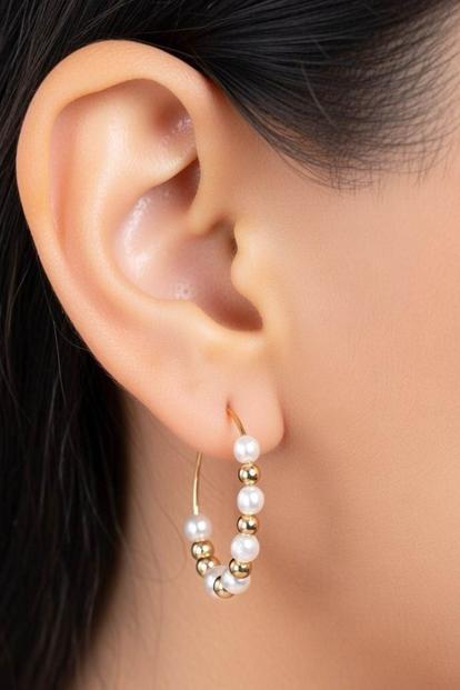 Metallic Gold White Beaded Dainty 30Mm Boho Hoop Earrings - The Colourful Aura