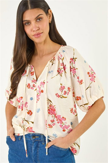 White Floral Print Tie Front Top