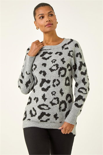 Grey Jacquard Animal Print Jumper