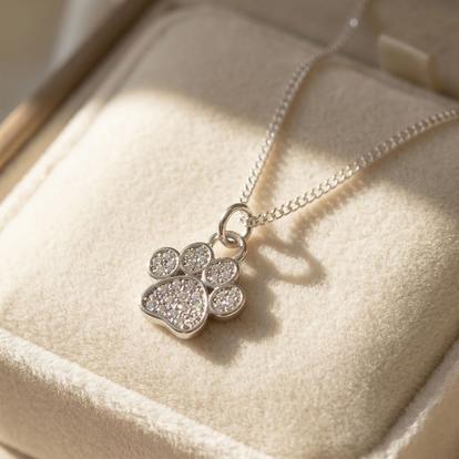 Metallic Mini Dog Cat Paw Print Charm Sterling Silver Necklace