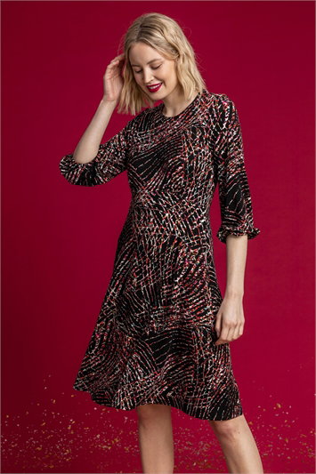 Black Abstract Textured Print Tea Dress