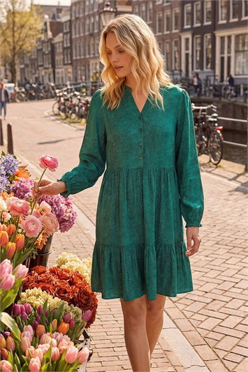 Green Dot Print Buttoned Dress
