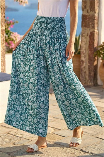 Floral Leaf Shirred Palazzo Stretch Trouser 18070434