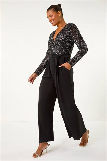 Sequin Wrap V-Neck Stretch Jumpsuit 14584808