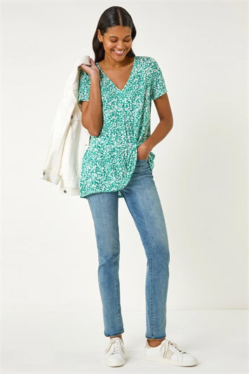 Green Abstract Print Pleat Front Top