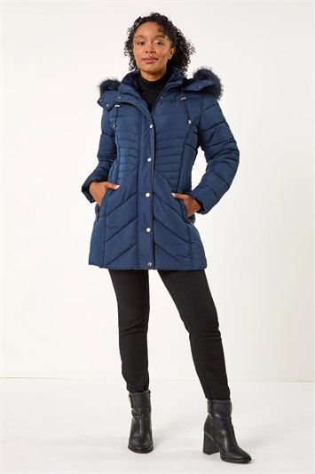 Navy Petite Double Breasted Military Coat | Roman UK