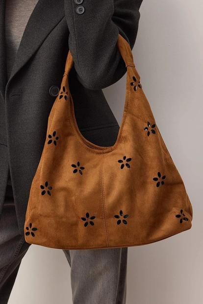 Brown Women’S Faux Suede Floral Cut Out Hobo Bag With Matching Pouch