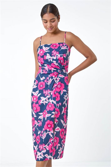 Floral Linen Look Ruched Midi Dress 14517972