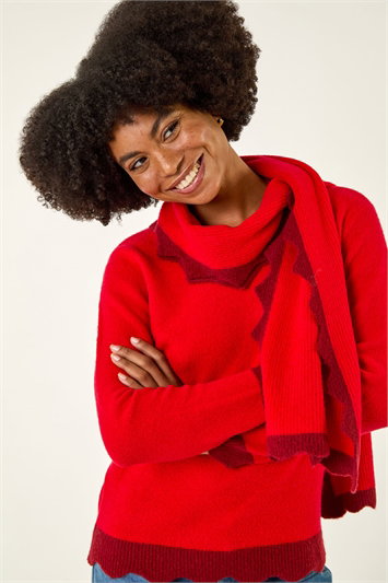 Red Scalloped Scarf Knit Jumper