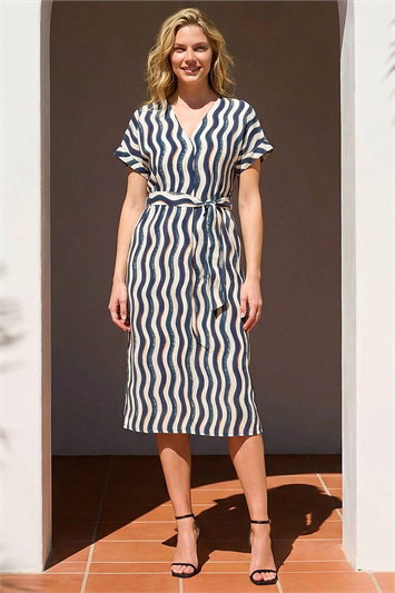 Blue Wave Print Belted Midi Dress