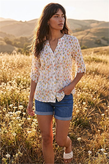 Floral Print Trim Blouse 10219064