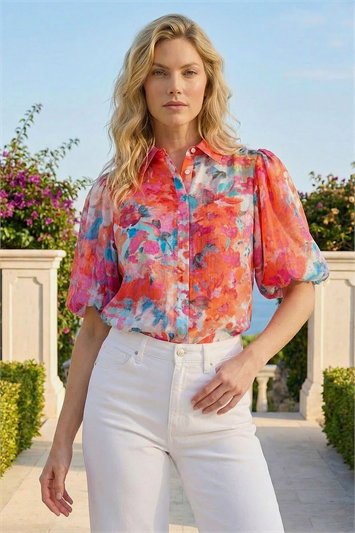 Orange Abstract Print Button Up Blouse