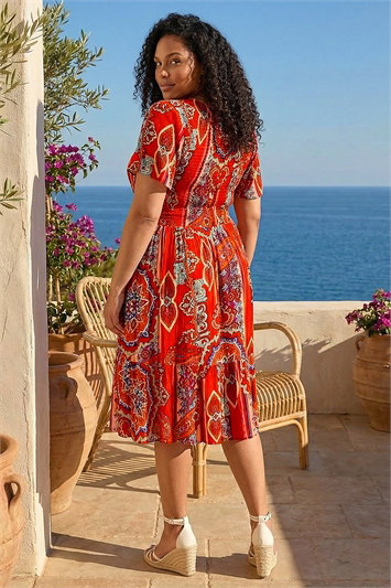 Curve Print Shirred Midi Dress 14689278