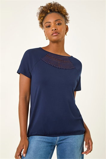 Blue Crochet Neck Stretch T-Shirt