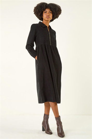 Black Corduroy Zip Detail Midi Dress