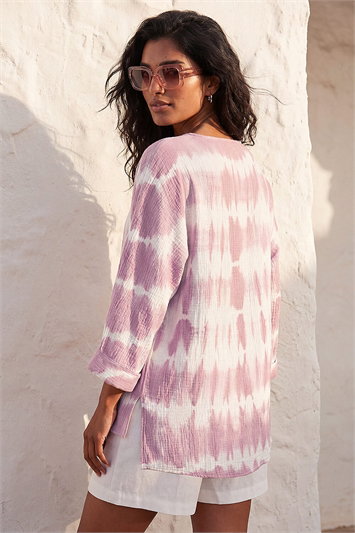 Cotton Tie Dye Button Detail V-Neck Top 20149253