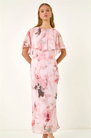 Floral Frill Chiffon Cape Midi Dress 14741272
