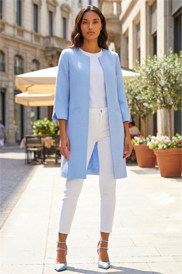 Blue 3/4 Sleeve Textured Longline Smart Jacket