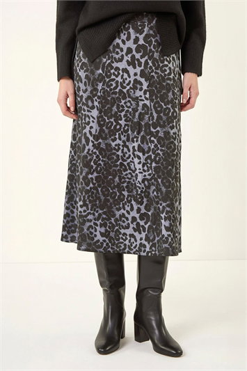 Grey Leopard Print Midi Skirt
