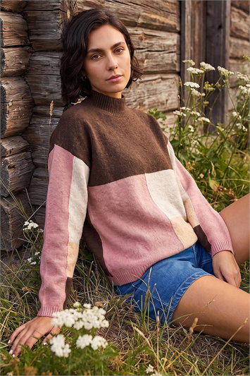 Brown Colour Block Marl Knit Jumper