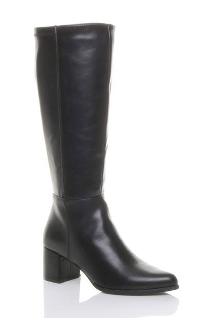 Black Mid Block Heel Pointed Toe Stretchy Riding Calf Boots