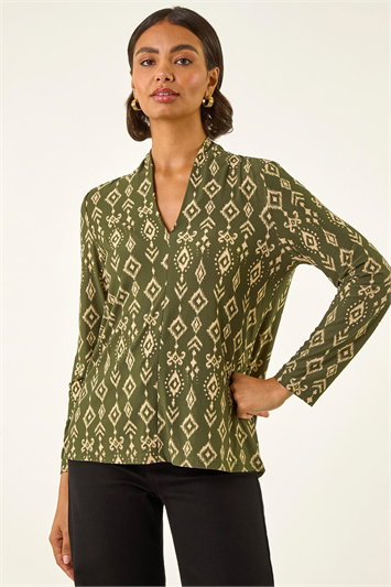 Green Aztec Print V-Neck Stretch Top