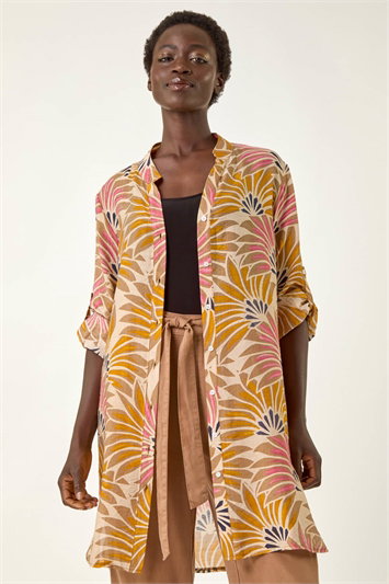 White Fan Print Longline Button Up Blouse