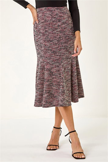 Red Textured Boucle Panel Stretch Skirt