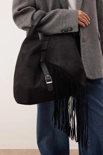 Black Women's Faux Suede Fringe Hobo Shoulder Bag With Buckle Detail