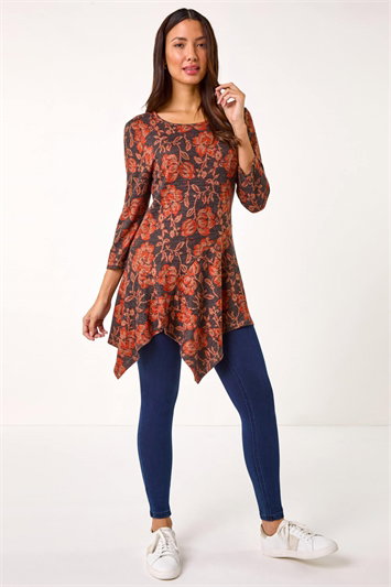 Floral Print Hanky Hem Tunic Top 19326364