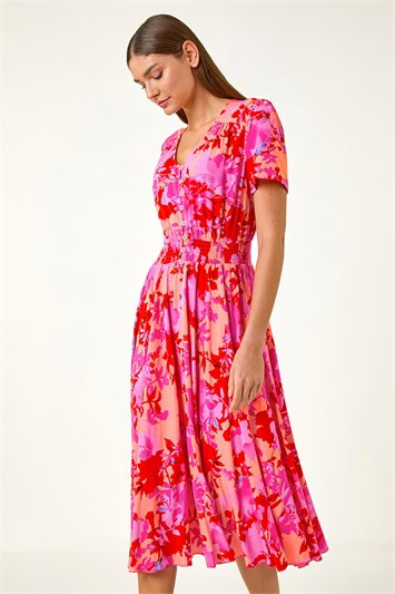 Shadow Floral Print Shirred Midi Dress 14717872