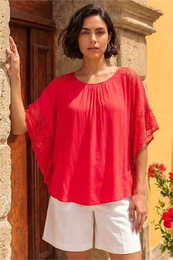 Pink Gathered Lace Insert Sleeve Top