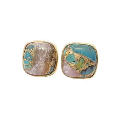 Pink Gold Plated Opal And Turquoise Gold Plated Gemstone Stud Earrings