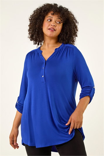 Blue Curve Buttoned Stretch Top