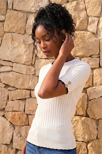 White Button Detail Ribbed Knit Top