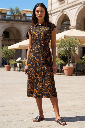Orange Floral Belted Midi Shirt Dress