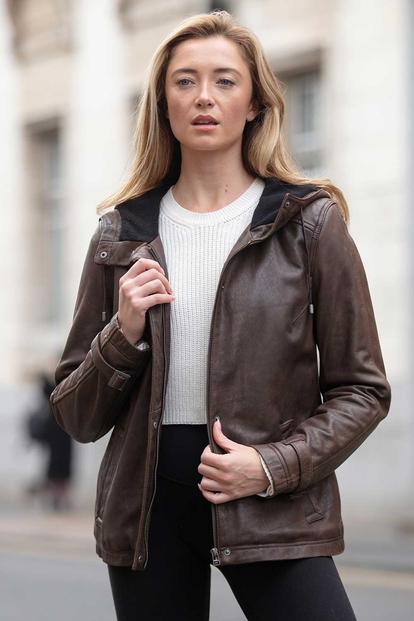 Black 'Nicola' Real Leather Hooded Jacket Women Coat