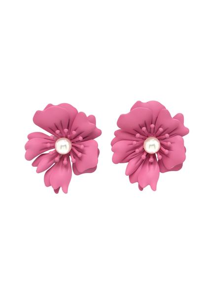 Purple Floral Pearl Stud Earrings In Light Pink