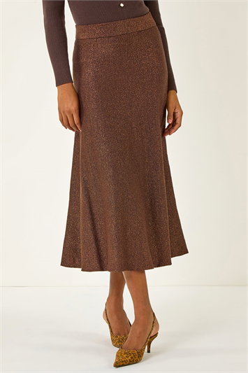 Brown Shimmer Knit Midi Skirt