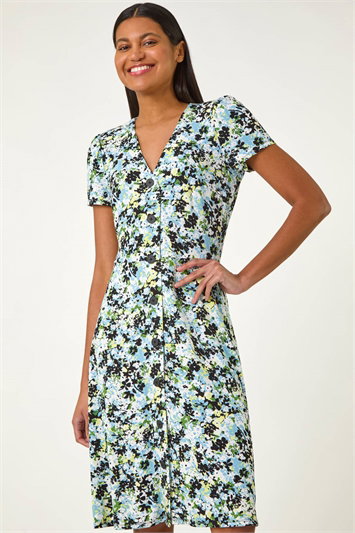 Blue Floral Print Button Down Stretch Dress