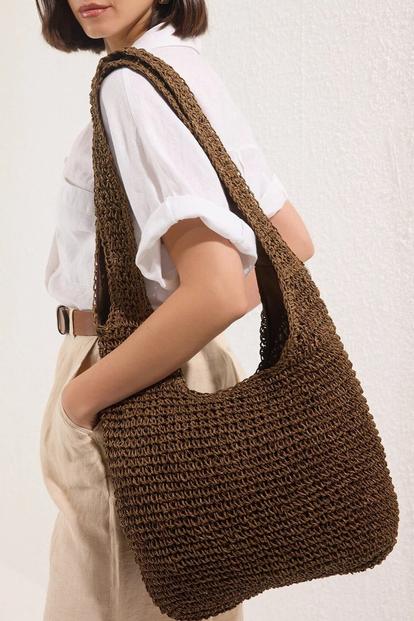 Brown Crochet Straw Slouchy Shoulder Bag