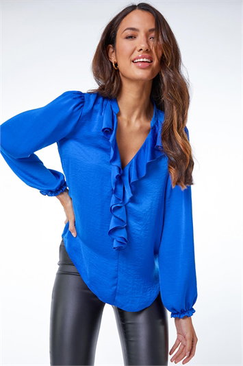 Blue Satin Ruffle Neck Blouse