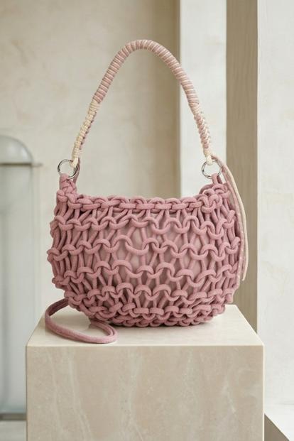 Pink Macramé Woven Shoulder Bag - Euna