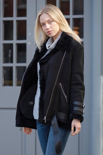 Black 'Khloe' Oversized Sheepskin Flying Jacket