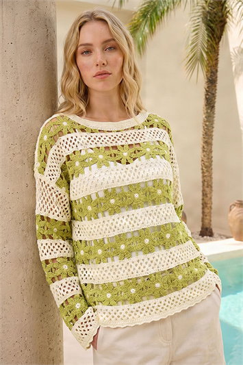 Floral Stripe Crochet Knit Jumper 16342867