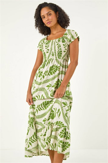 Leaf Print Shirred Maxi Dress 14864634