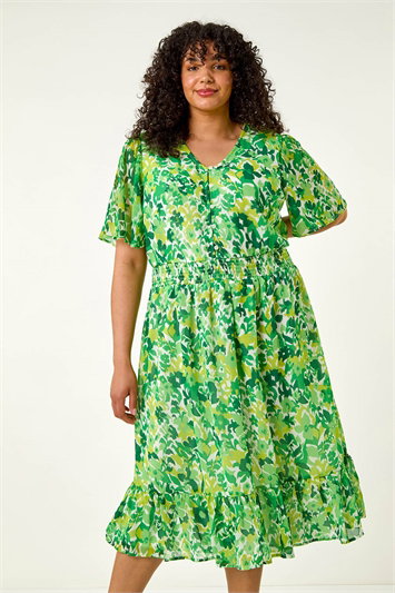 Curve Floral Button Detail Midi Dress 14585434