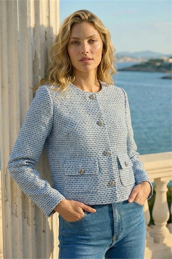 Blue Collarless Boucle Jacket