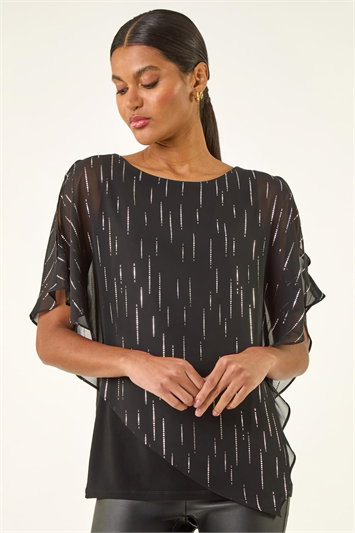 Black Foil Dot Overlay Asymmetric Top