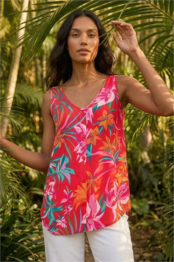 Red Tropical Print V-Neck Button Cami Top